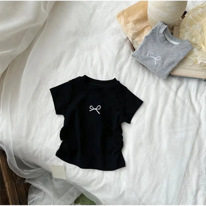 Korean Bowknot T-Shirt for Kids - Casual Cotton Short Sleeve Top 0-12 Years - ZOOMNSTORE