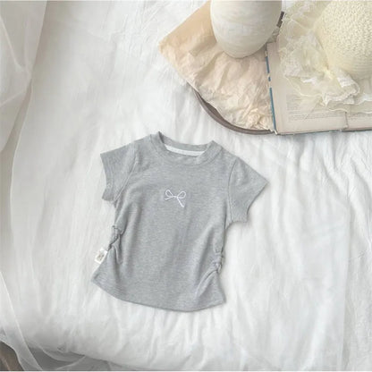 Korean Bowknot T-Shirt for Kids - Casual Cotton Short Sleeve Top 0-12 Years - ZOOMNSTORE