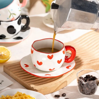 Korean Ceramic Mug - 300ML Hand Painted Irregular Coffee Cup with Flower Heart Design - ZOOMNSTORE