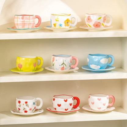 Korean Ceramic Mug - 300ML Hand Painted Irregular Coffee Cup with Flower Heart Design - ZOOMNSTORE
