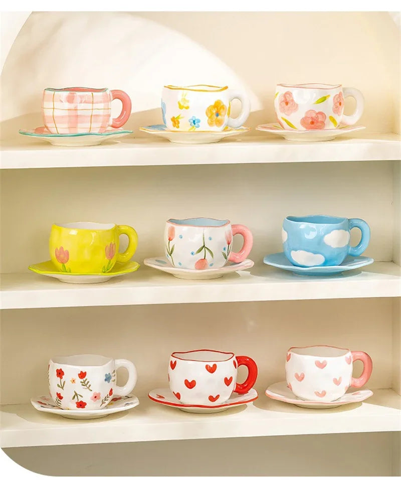 Korean Ceramic Mug - 300ML Hand Painted Irregular Coffee Cup with Flower Heart Design - ZOOMNSTORE