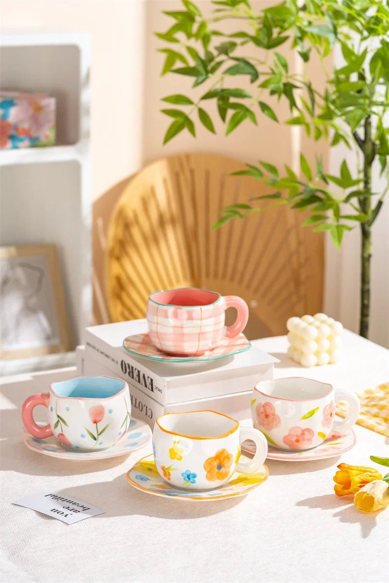 Korean Ceramic Mug - 300ML Hand Painted Irregular Coffee Cup with Flower Heart Design - ZOOMNSTORE