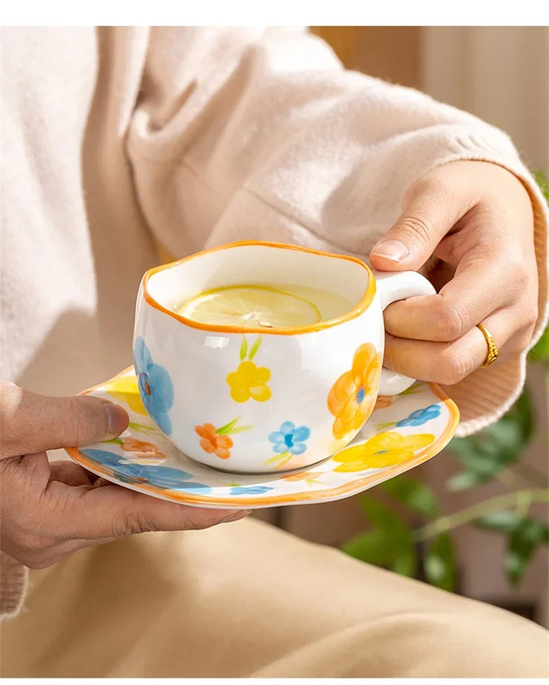 Korean Ceramic Mug - 300ML Hand Painted Irregular Coffee Cup with Flower Heart Design - ZOOMNSTORE