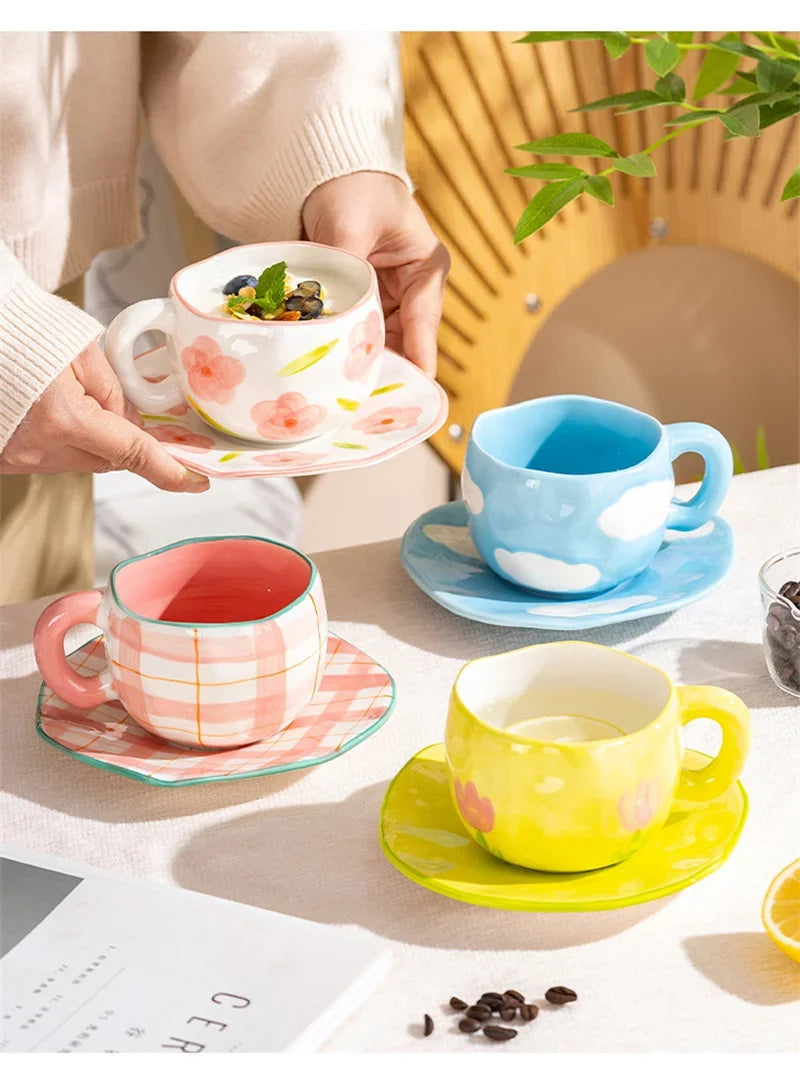 Korean Ceramic Mug - 300ML Hand Painted Irregular Coffee Cup with Flower Heart Design - ZOOMNSTORE