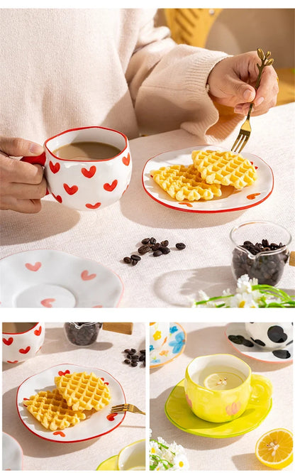 Korean Ceramic Mug - 300ML Hand Painted Irregular Coffee Cup with Flower Heart Design - ZOOMNSTORE