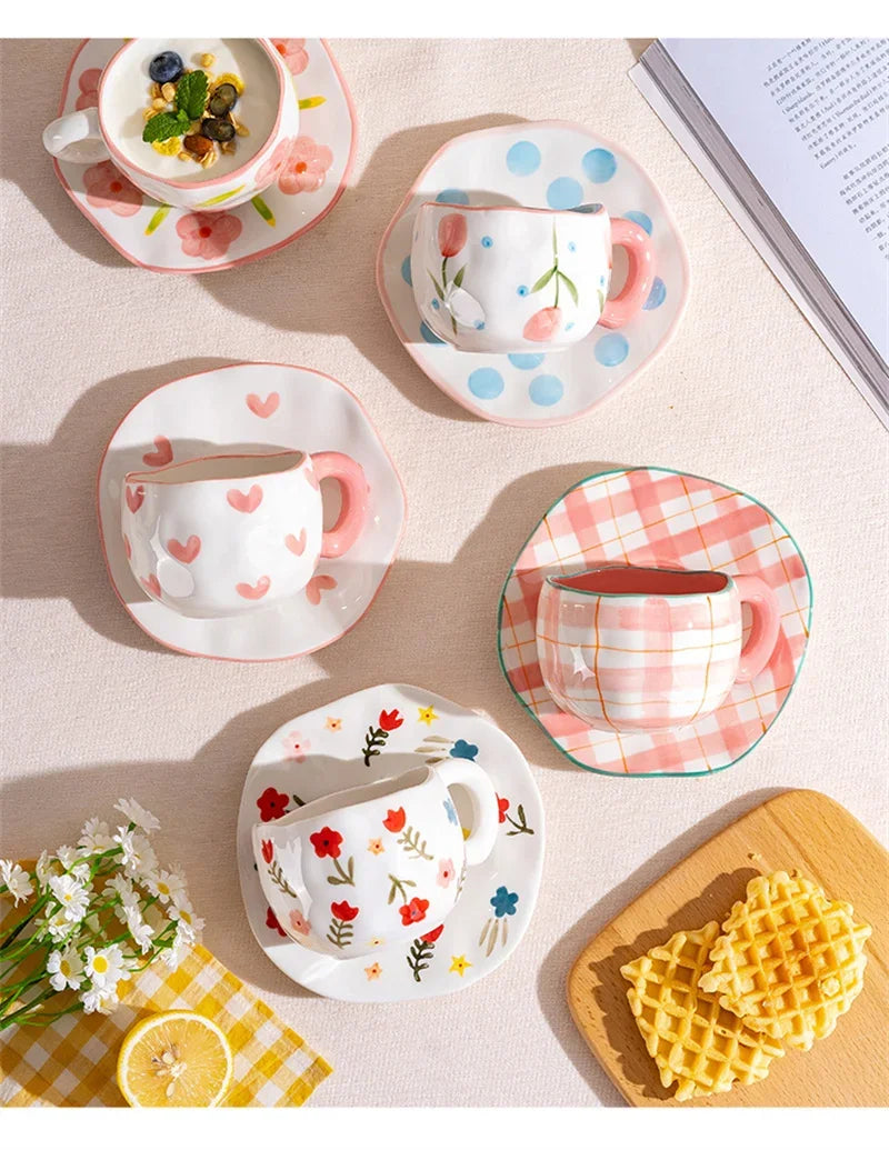 Korean Ceramic Mug - 300ML Hand Painted Irregular Coffee Cup with Flower Heart Design - ZOOMNSTORE