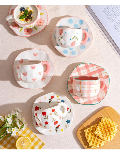 Korean Ceramic Mug - 300ML Hand Painted Irregular Coffee Cup with Flower Heart Design - ZOOMNSTORE