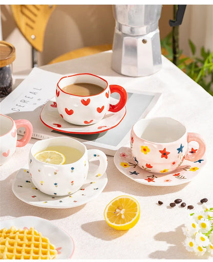 Korean Ceramic Mug - 300ML Hand Painted Irregular Coffee Cup with Flower Heart Design - ZOOMNSTORE