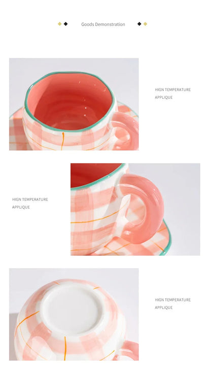 Korean Ceramic Mug - 300ML Hand Painted Irregular Coffee Cup with Flower Heart Design - ZOOMNSTORE