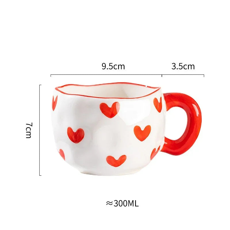 Korean Ceramic Mug - 300ML Hand Painted Irregular Coffee Cup with Flower Heart Design - ZOOMNSTORE