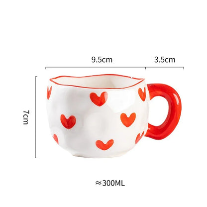 Korean Ceramic Mug - 300ML Hand Painted Irregular Coffee Cup with Flower Heart Design - ZOOMNSTORE