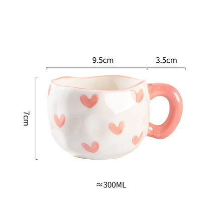 Korean Ceramic Mug - 300ML Hand Painted Irregular Coffee Cup with Flower Heart Design - ZOOMNSTORE