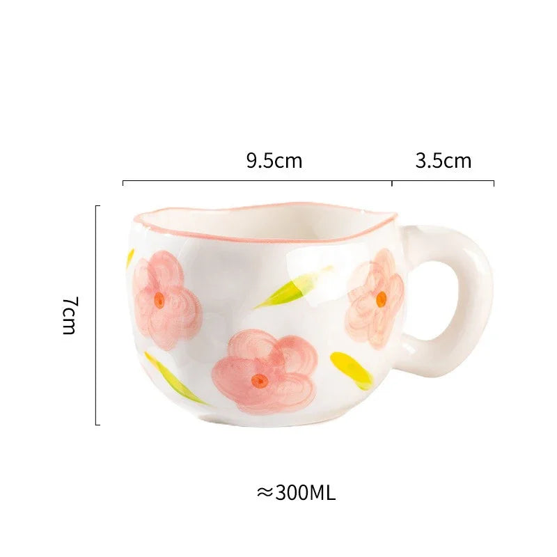 Korean Ceramic Mug - 300ML Hand Painted Irregular Coffee Cup with Flower Heart Design - ZOOMNSTORE