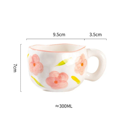 Korean Ceramic Mug - 300ML Hand Painted Irregular Coffee Cup with Flower Heart Design - ZOOMNSTORE
