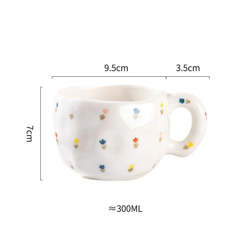 Korean Ceramic Mug - 300ML Hand Painted Irregular Coffee Cup with Flower Heart Design - ZOOMNSTORE