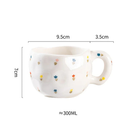 Korean Ceramic Mug - 300ML Hand Painted Irregular Coffee Cup with Flower Heart Design - ZOOMNSTORE