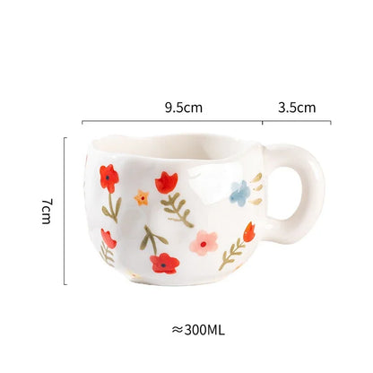 Korean Ceramic Mug - 300ML Hand Painted Irregular Coffee Cup with Flower Heart Design - ZOOMNSTORE