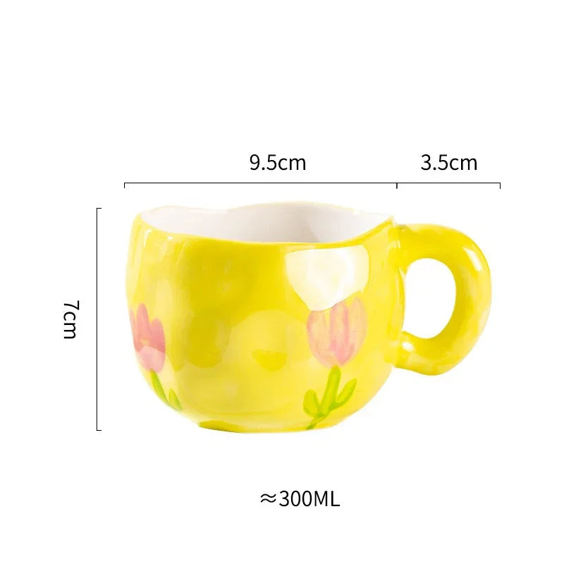 Korean Ceramic Mug - 300ML Hand Painted Irregular Coffee Cup with Flower Heart Design - ZOOMNSTORE