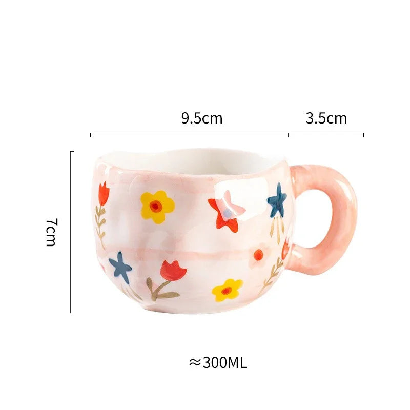 Korean Ceramic Mug - 300ML Hand Painted Irregular Coffee Cup with Flower Heart Design - ZOOMNSTORE