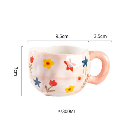 Korean Ceramic Mug - 300ML Hand Painted Irregular Coffee Cup with Flower Heart Design - ZOOMNSTORE