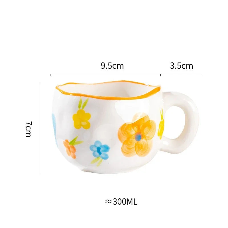 Korean Ceramic Mug - 300ML Hand Painted Irregular Coffee Cup with Flower Heart Design - ZOOMNSTORE