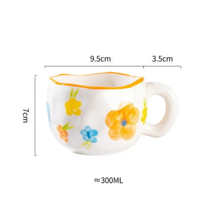 Korean Ceramic Mug - 300ML Hand Painted Irregular Coffee Cup with Flower Heart Design - ZOOMNSTORE