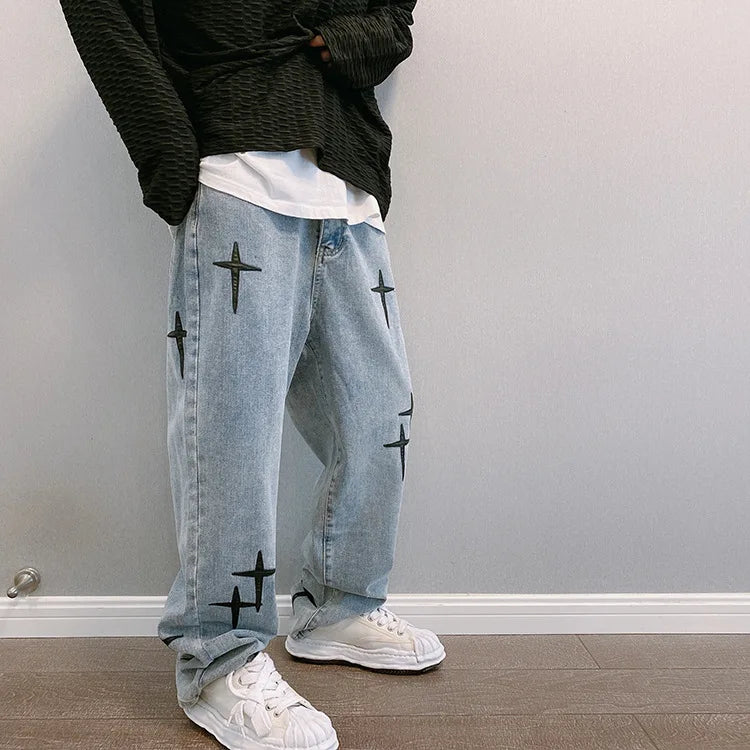 Korean Fashion Baggy Wide Leg Jeans - Mens Casual Loose Denim Pants - ZOOMNSTORE