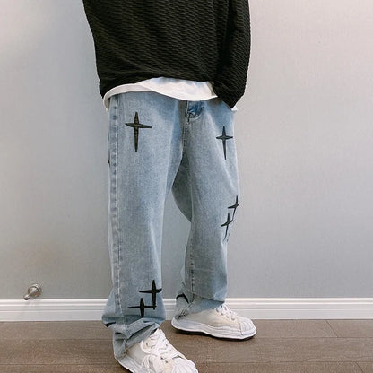 Korean Fashion Baggy Wide Leg Jeans - Mens Casual Loose Denim Pants - ZOOMNSTORE