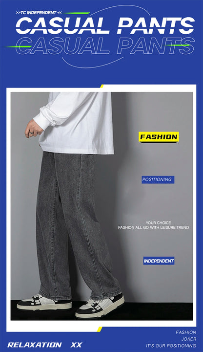 Korean Solid Colors Men's Casual Long Jeans Classic Man Four Seasons Straight Denim Wide-leg Pants Light Blue Grey Black 3XL - ZOOMNSTORE