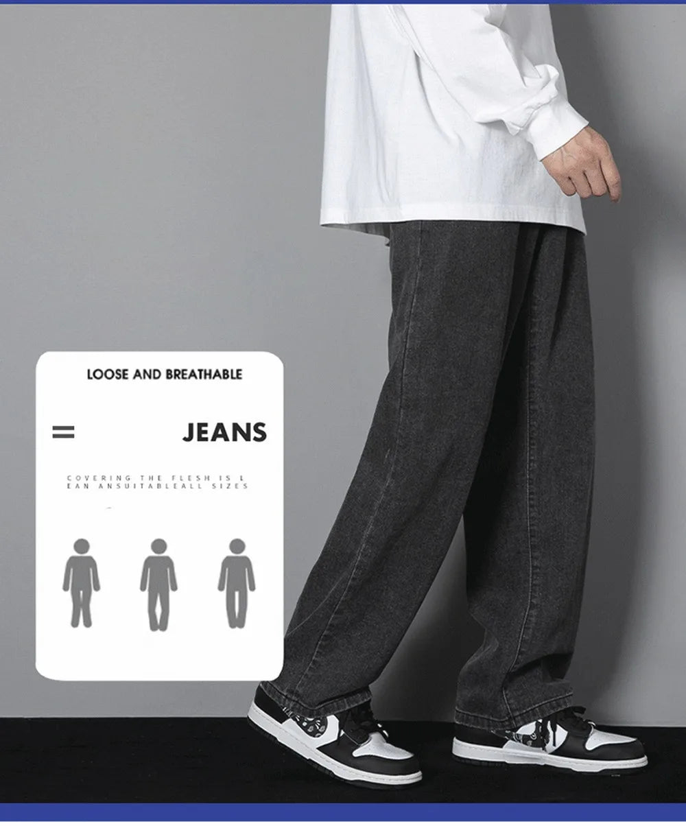 Korean Solid Colors Men's Casual Long Jeans Classic Man Four Seasons Straight Denim Wide-leg Pants Light Blue Grey Black 3XL - ZOOMNSTORE