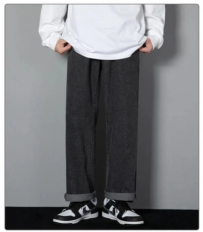Korean Solid Colors Men's Casual Long Jeans Classic Man Four Seasons Straight Denim Wide-leg Pants Light Blue Grey Black 3XL - ZOOMNSTORE
