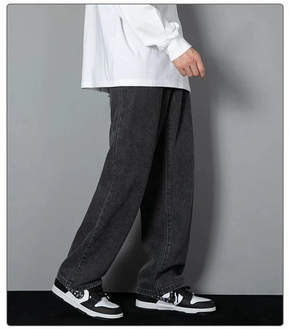 Korean Solid Colors Men's Casual Long Jeans Classic Man Four Seasons Straight Denim Wide-leg Pants Light Blue Grey Black 3XL - ZOOMNSTORE