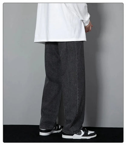 Korean Solid Colors Men's Casual Long Jeans Classic Man Four Seasons Straight Denim Wide-leg Pants Light Blue Grey Black 3XL - ZOOMNSTORE