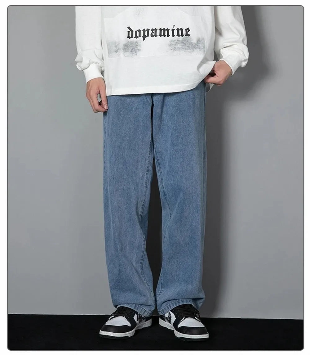Korean Solid Colors Men's Casual Long Jeans Classic Man Four Seasons Straight Denim Wide-leg Pants Light Blue Grey Black 3XL - ZOOMNSTORE
