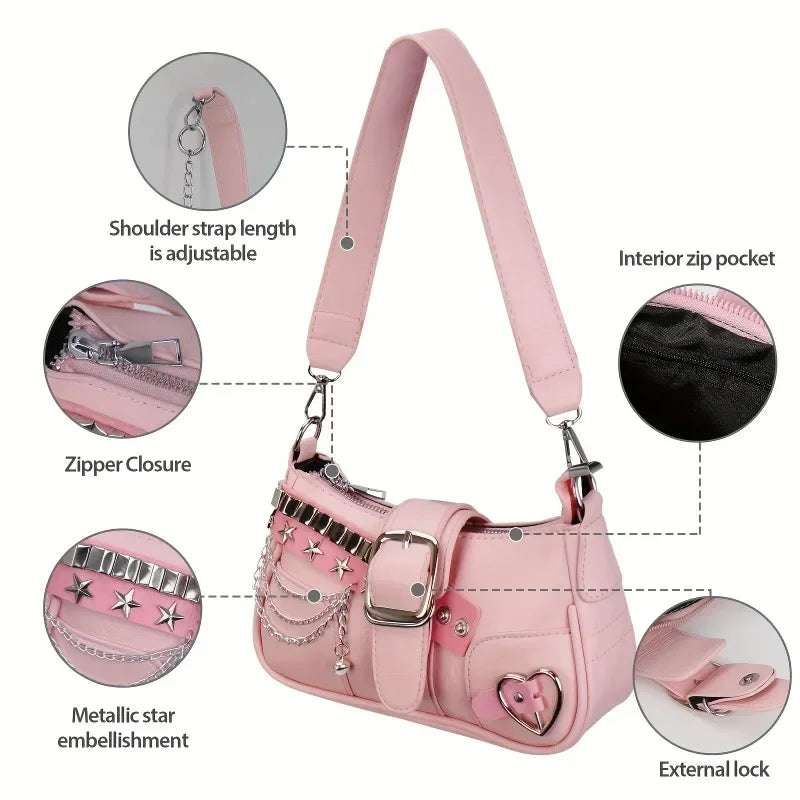 Korean Style Shoulder Bag - PU Crossbody Bag With Detachable Chain Strap & Star Accents - ZOOMNSTORE