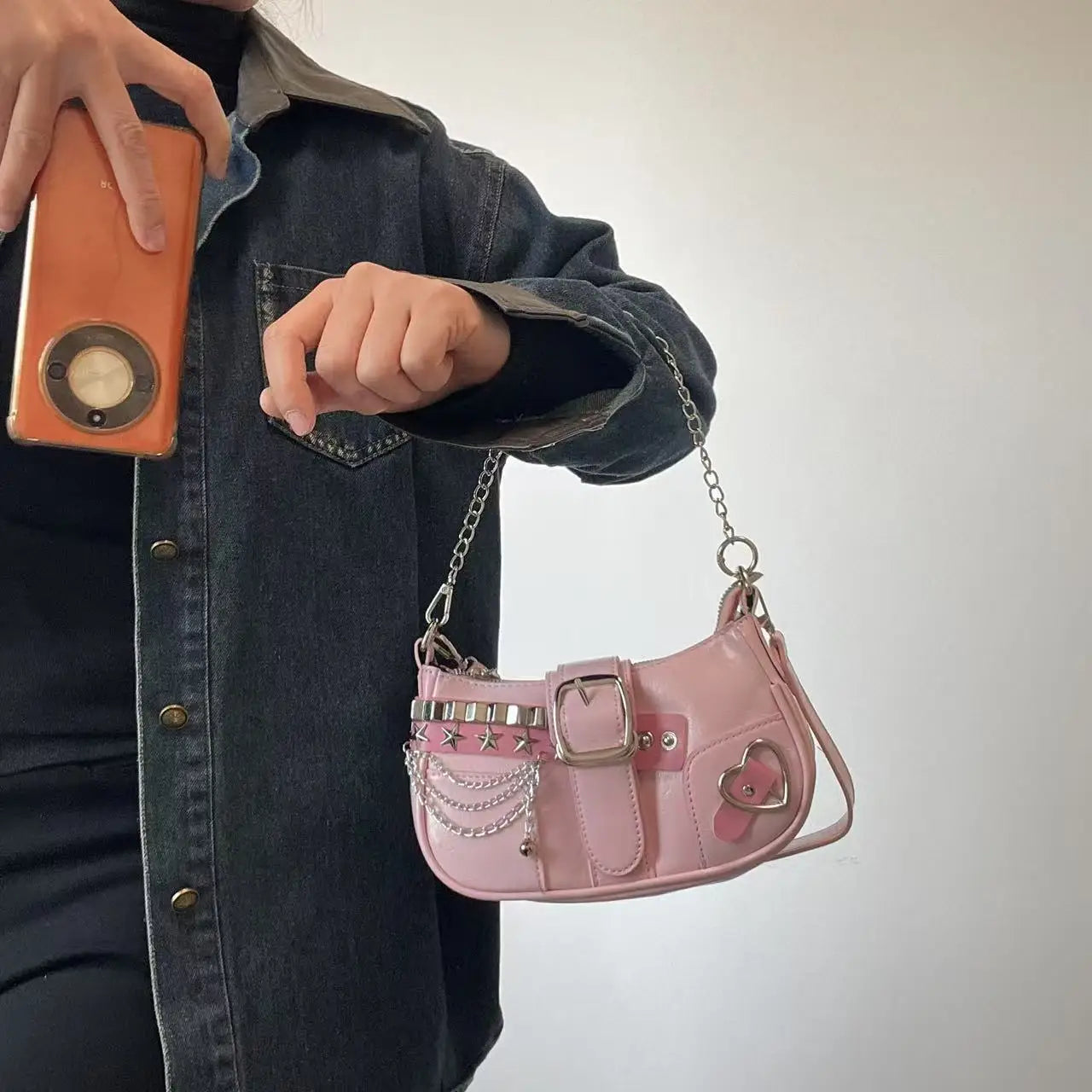 Korean Style Shoulder Bag - PU Crossbody Bag With Detachable Chain Strap & Star Accents - ZOOMNSTORE