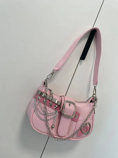 Korean Style Shoulder Bag - PU Crossbody Bag With Detachable Chain Strap & Star Accents - ZOOMNSTORE