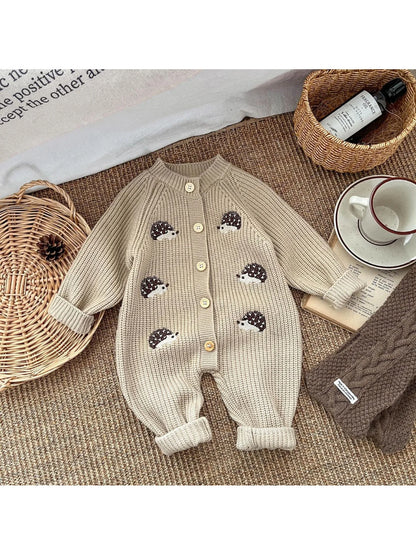 Korean Style Spring and Autumn Clothes Baby Knitted Jumpsuit Super Cute Little Hedgehog 100-Day Knitted Crawling Suit for Going Out - ZOOMNSTORE