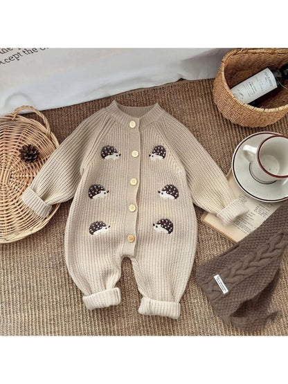 Korean Style Spring and Autumn Clothes Baby Knitted Jumpsuit Super Cute Little Hedgehog 100-Day Knitted Crawling Suit for Going Out - ZOOMNSTORE