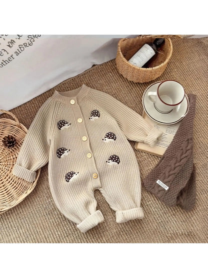 Korean Style Spring and Autumn Clothes Baby Knitted Jumpsuit Super Cute Little Hedgehog 100-Day Knitted Crawling Suit for Going Out - ZOOMNSTORE