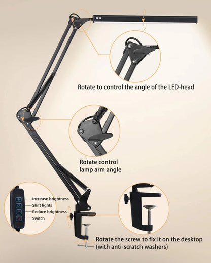 LED Desk Lamp - Dimmable Desk Light with Clamp Swing Arm, 10 Brightness Levels & USB Charging - ZOOMNSTORE