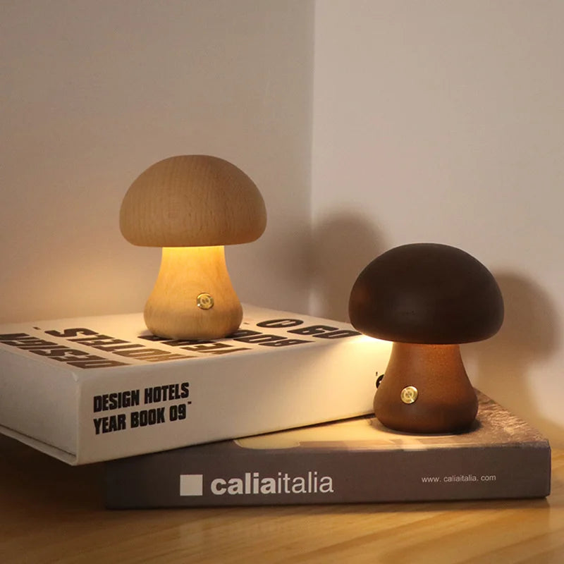 LED Mushroom Night Light - Wooden Bedside Table Lamp With Touch Switch, Adjustable Brightness - ZOOMNSTORE