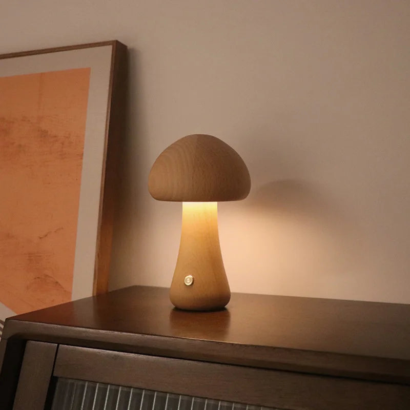 LED Mushroom Night Light - Wooden Bedside Table Lamp With Touch Switch, Adjustable Brightness - ZOOMNSTORE