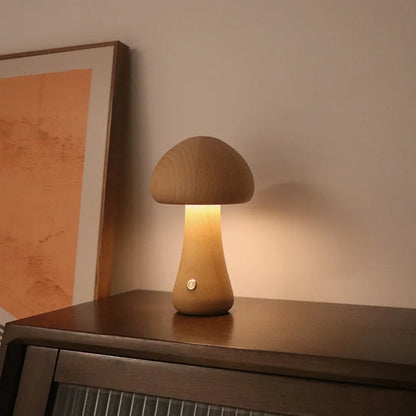 LED Mushroom Night Light - Wooden Bedside Table Lamp With Touch Switch, Adjustable Brightness - ZOOMNSTORE