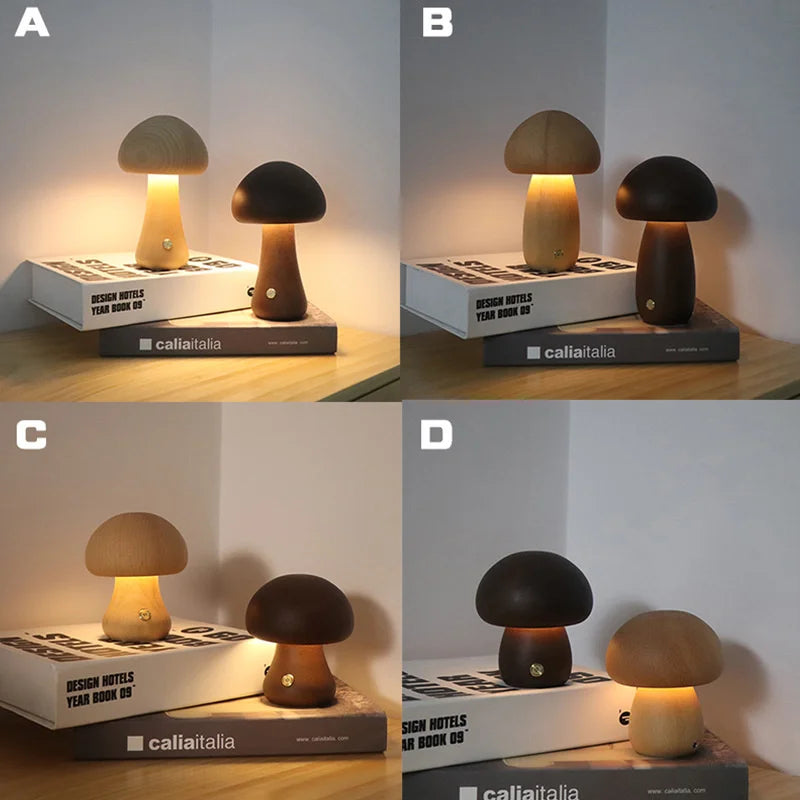 LED Mushroom Night Light - Wooden Bedside Table Lamp With Touch Switch, Adjustable Brightness - ZOOMNSTORE