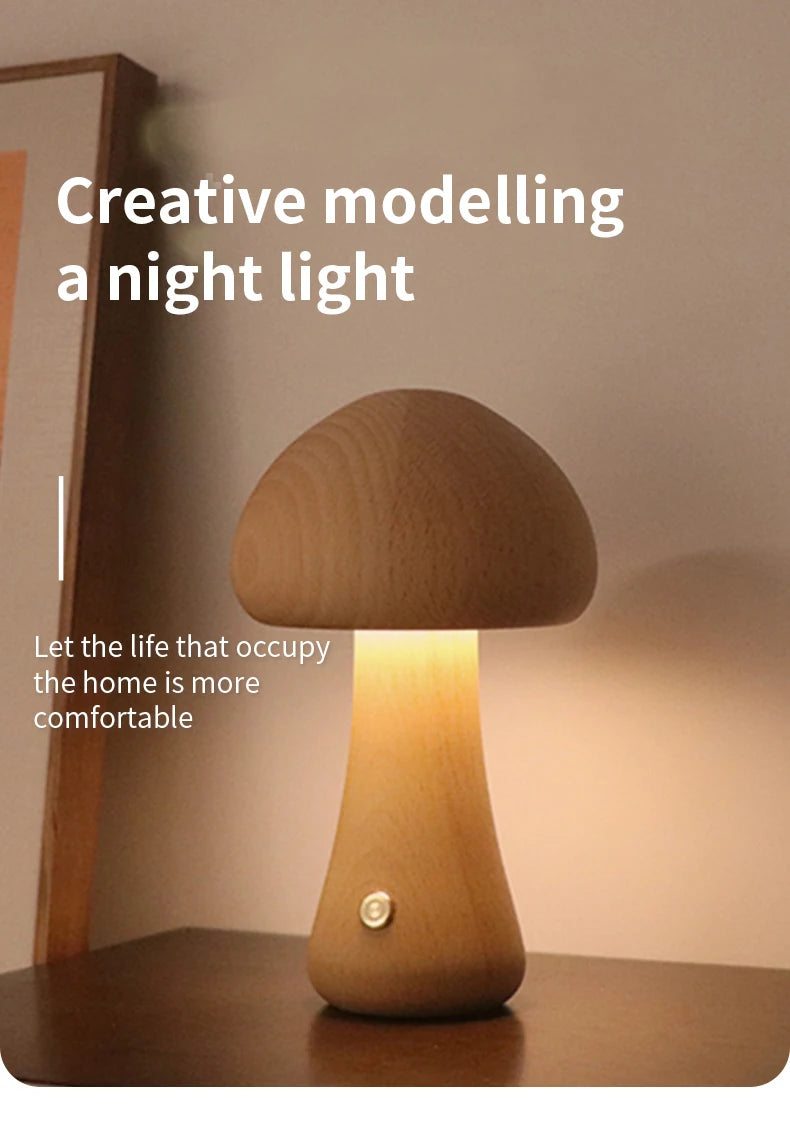 LED Mushroom Night Light - Wooden Bedside Table Lamp With Touch Switch, Adjustable Brightness - ZOOMNSTORE