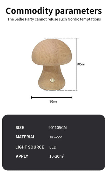 LED Mushroom Night Light - Wooden Bedside Table Lamp With Touch Switch, Adjustable Brightness - ZOOMNSTORE