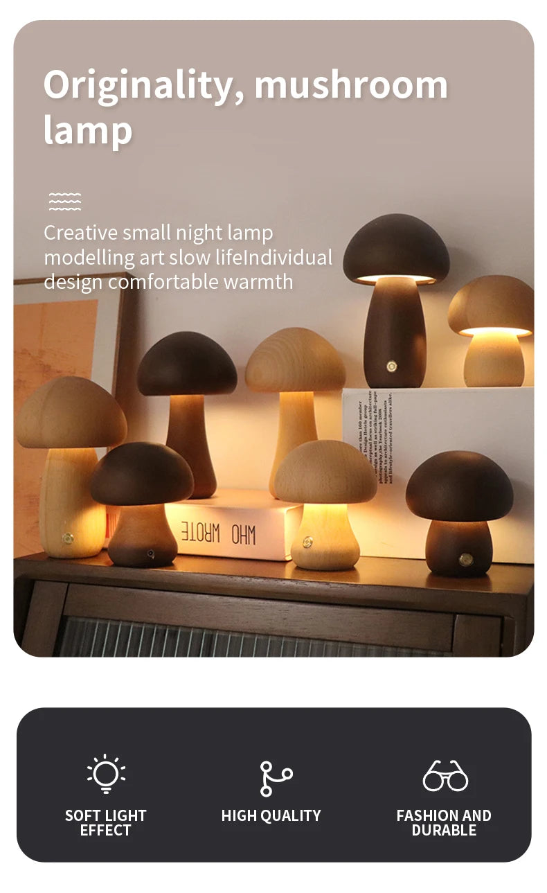 LED Mushroom Night Light - Wooden Bedside Table Lamp With Touch Switch, Adjustable Brightness - ZOOMNSTORE