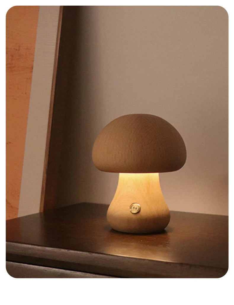 LED Mushroom Night Light - Wooden Bedside Table Lamp With Touch Switch, Adjustable Brightness - ZOOMNSTORE