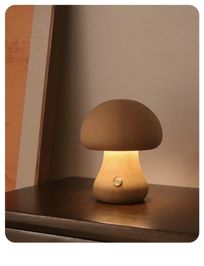 LED Mushroom Night Light - Wooden Bedside Table Lamp With Touch Switch, Adjustable Brightness - ZOOMNSTORE
